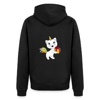 Süßes lächelndes Katzeneinhorn mit Geschenkbox - Unisex Premium Bio Zip Hoodie - Schwarz - Hinten - Nico (187cm)