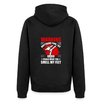 Warnung Alles, was du sagst oder tust, kann dich riechen lassen - Unisex Premium Bio Zip Hoodie - Schwarz - Hinten - Nico (187cm)