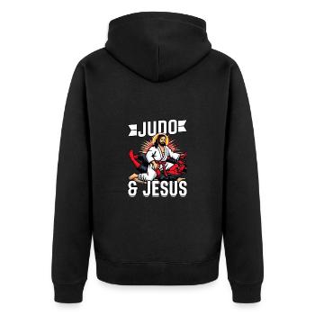 Judo and Jesus - Unisex Premium Organic Zip Hoodie - black - Back - Nico (187cm)
