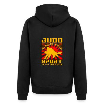 Judo ist mehr als Sport, es ist ein Lebensstil - Unisex Premium Bio Zip Hoodie - Schwarz - Hinten - Nico (187cm)