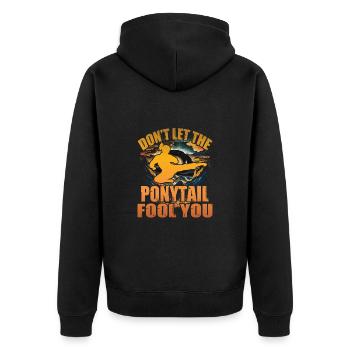Don't let the Ponytail fool you - Unisex Premium Organic Zip Hoodie - black - Back - Nico (187cm)