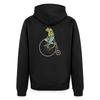 Cottagecore Aesthetic Frosch auf Hochrad Vintage - Unisex Premium Bio Zip Hoodie - Schwarz - Hinten - Nico (187cm)