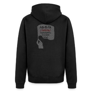 ANTIFA SUBSTANTIV FEMININ FLAGGE DEMONSTRANT - Unisex Premium Bio Zip Hoodie - Schwarz - Hinten - Nico (187cm)