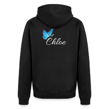 Chloe mit blauen Schmetterling LiS - Unisex Premium Bio Zip Hoodie - Schwarz - Hinten - Nico (187cm)