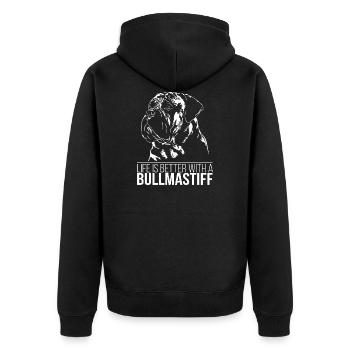 BULLMASTIFF Life better Hundespruch Hunde Wilsigns - Unisex Premium Bio Zip Hoodie - Schwarz - Hinten - Nico (187cm)
