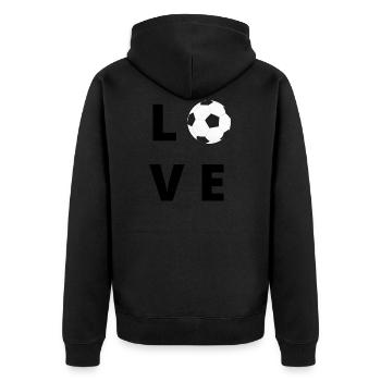 LIEBE FUßBALL - Unisex Premium Bio Zip Hoodie - Schwarz - Hinten - Nico (187cm)