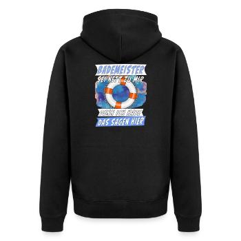 BADEMEISTER SEI NETT ZU MIR - Unisex Premium Bio Zip Hoodie - Schwarz - Hinten - Nico (187cm)