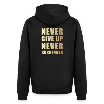 Never give up never surrender - Unisex Premium Organic Zip Hoodie - black - Back - Nico (187cm)