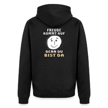 FREUDE KOMMT AUF DENN DU BIST DA - Unisex Premium Bio Zip Hoodie - Schwarz - Hinten - Nico (187cm)