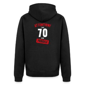 Achtung Ich bin jetzt 70 Fragile 70. Geburtstag - Unisex Premium Bio Zip Hoodie - Schwarz - Hinten - Nico (187cm)