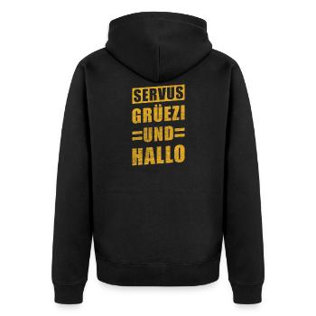 Servus Grüezi and Hello - Unisex Premium Organic Zip Hoodie - black - Back - Nico (187cm)