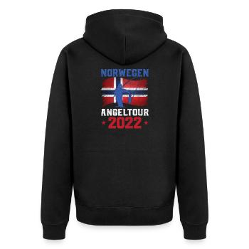 Norwegen Angeltour 2022 Angeltrip nach Norwegen - Unisex Premium Bio Zip Hoodie - Schwarz - Hinten - Nico (187cm)