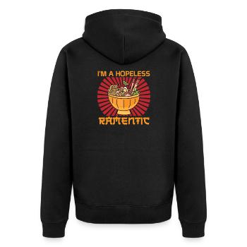 i'm a hopeless ramentic - Hoffnungslos Ramentisch - Unisex Premium Bio Zip Hoodie - Schwarz - Hinten - Nico (187cm)