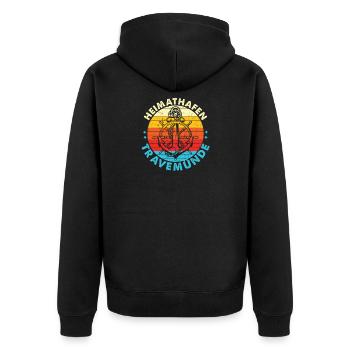 Heimathafen Travemünde - Lübecks Tochter - Unisex Premium Bio Zip Hoodie - Schwarz - Hinten - Nico (187cm)