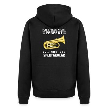 TUBA ICH SPIELE NICHT PERFEKT ABER SPEKTAKULÄR - Unisex Premium Bio Zip Hoodie - Schwarz - Hinten - Nico (187cm)