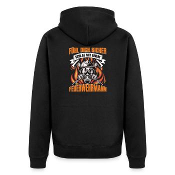 Feuerwehr Fühl dich sicher Feuerwehrmann - Unisex Premium Bio Zip Hoodie - Schwarz - Hinten - Nico (187cm)