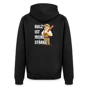 ZIMMERMANN HOLZ IST MEINE STÄRKE - Unisex Premium Bio Zip Hoodie - Schwarz - Hinten - Nico (187cm)