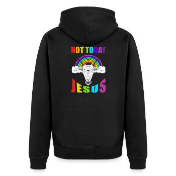 Not today Jesus - Unisex Premium Bio Zip Hoodie - Schwarz - Hinten - Nico (187cm)