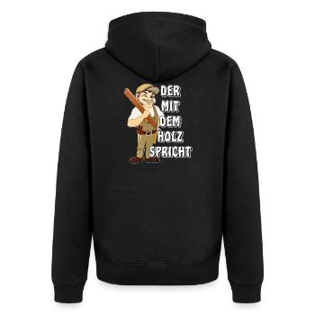 ZIMMERMANN DER MIT DEM HOLZ SPRICHT - Unisex Premium Bio Zip Hoodie - Schwarz - Hinten - Nico (187cm)