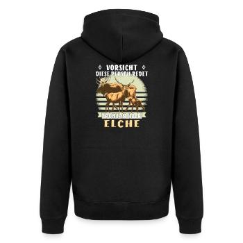 PERSON REDET SPONTAN ÜBER ELCHE - Unisex Premium Bio Zip Hoodie - Schwarz - Hinten - Nico (187cm)