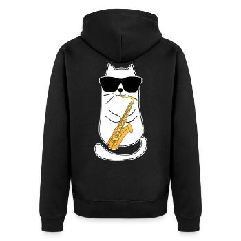 Lustiger Saxophon Katze Jazzmusik Saxophonist - Unisex Premium Bio Zip Hoodie - Schwarz - Hinten - Nico (187cm)