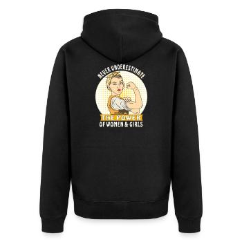 NEVER UNDERESTIMATE THE POWER OF WOMEN & GIRLS - Unisex Premium Bio Zip Hoodie - Schwarz - Hinten - Nico (187cm)
