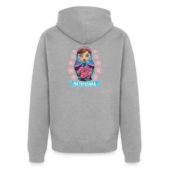 Russie URSS Matryoshka Poupée Uschanka - Veste à capuche bio Premium Unisexe - gris chiné - Dos - Nico (187cm)