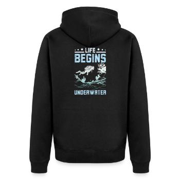 Life Begins underwater - Unisex Premium Bio Zip Hoodie - Schwarz - Hinten - Nico (187cm)