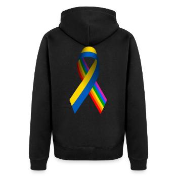 Ukrainian Peace Ribbon with Rainbow Flag - Unisex Premium Organic Zip Hoodie - black - Back - Nico (187cm)