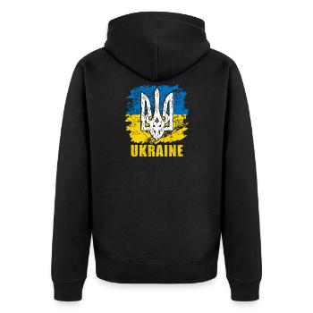 Ukraine Flagge mit Ukraine Symbol - Unisex Premium Bio Zip Hoodie - Schwarz - Hinten - Nico (187cm)