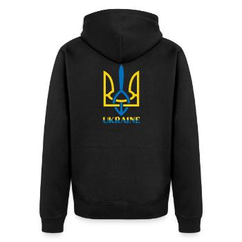 Ukraine Flagge mit Ukraine Symbol - Unisex Premium Bio Zip Hoodie - Schwarz - Hinten - Nico (187cm)
