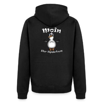 PLATTDEUTSCHER SPRUCH MIT MÖWE - Unisex Premium Bio Zip Hoodie - Schwarz - Hinten - Nico (187cm)