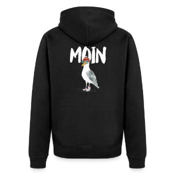 PLATTDEUTSCHER SPRUCH MIT MÖWE - Unisex Premium Bio Zip Hoodie - Schwarz - Hinten - Nico (187cm)