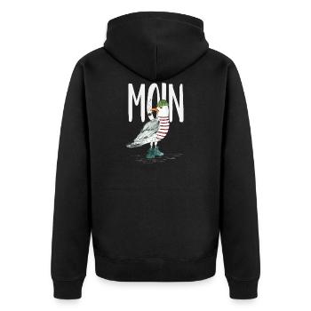 PLATTDEUTSCHER SPRUCH MIT MÖWE - Unisex Premium Bio Zip Hoodie - Schwarz - Hinten - Nico (187cm)