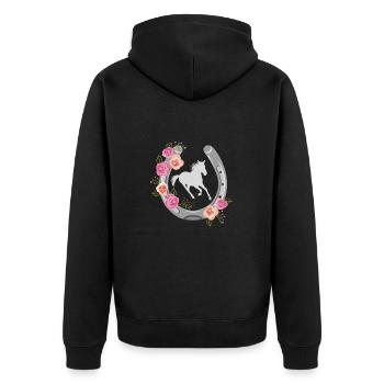 Stilisiertes Hufeisen mit Blumenkranz - Unisex Premium Bio Zip Hoodie - Schwarz - Hinten - Nico (187cm)