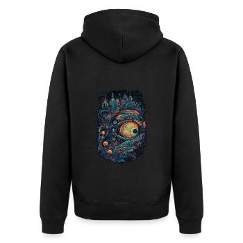 Trippy Explosion - Psychedelisches Motiv - Unisex Premium Bio Zip Hoodie - Schwarz - Hinten - Nico (187cm)