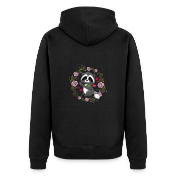Fröhlicher Waschbär im Blumenkranz mit rosa Rosen - Unisex Premium Bio Zip Hoodie - Schwarz - Hinten - Nico (187cm)
