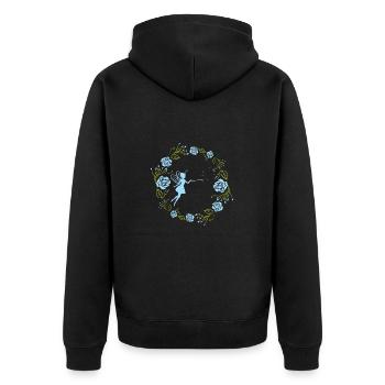 Dekorativer Blumenkranz mit blauen Rosen und Fee - Unisex Premium Bio Zip Hoodie - Schwarz - Hinten - Nico (187cm)