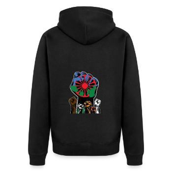SINTI UND ROMA REVOLUTION ANTIZIGANISMUS - Unisex Premium Bio Zip Hoodie - Schwarz - Hinten - Nico (187cm)