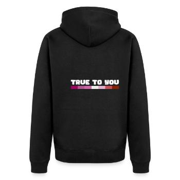 Rainbow Connection Embrace, Happy Pride - Unisex Premium Bio Zip Hoodie - Schwarz - Hinten - Nico (187cm)