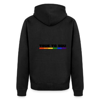 Rainbow Connection Embrace, Happy Pride - Unisex Premium Bio Zip Hoodie - Schwarz - Hinten - Nico (187cm)