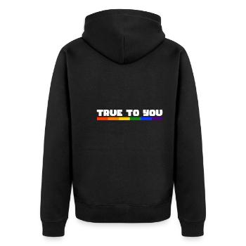 Rainbow Connection Embrace, Happy Pride - Unisex Premium Bio Zip Hoodie - Schwarz - Hinten - Nico (187cm)
