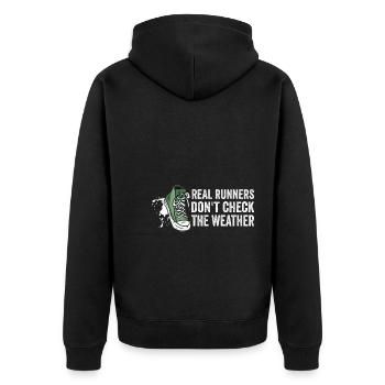 Läufer schauen nicht nach Wetter - Laufmotivation - Unisex Premium Bio Zip Hoodie - Schwarz - Hinten - Nico (187cm)