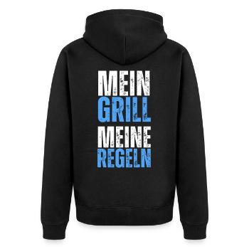 Mein Grill, meine Regeln. Lustiger BBQ Spruch - Unisex Premium Bio Zip Hoodie - Schwarz - Hinten - Nico (187cm)