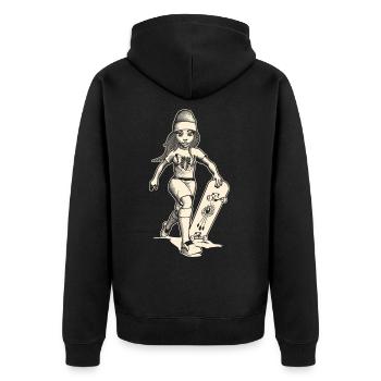 Rennendes Girl mit Skateboard und Allsehende Auge. - Unisex Premium Bio Zip Hoodie - Schwarz - Hinten - Nico (187cm)