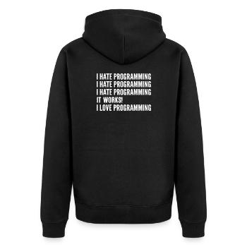 Ich hasse die Programmierung. Softwareentwickler G - Unisex Premium Bio Zip Hoodie - Schwarz - Hinten - Nico (187cm)