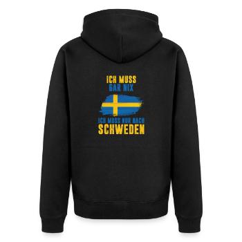 ICH MUSS GAR NIX ICH MUSS NUR NACH SCHWEDEN Skandi - Unisex Premium Bio Zip Hoodie - Schwarz - Hinten - Nico (187cm)