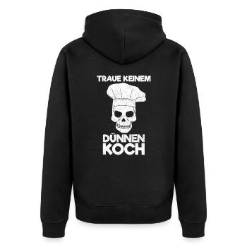 Traue Keinem Dünnen Koch - Unisex Premium Bio Zip Hoodie - Schwarz - Hinten - Nico (187cm)