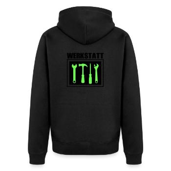 werkzeug werkstatt 02 - Unisex Premium Bio Zip Hoodie - Schwarz - Hinten - Nico (187cm)
