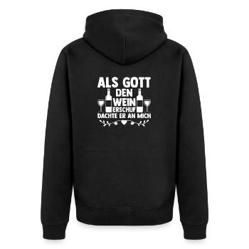 Als Gott Den Wein Erschuf Dachte Er An Mich - Unisex Premium Bio Zip Hoodie - Schwarz - Hinten - Nico (187cm)